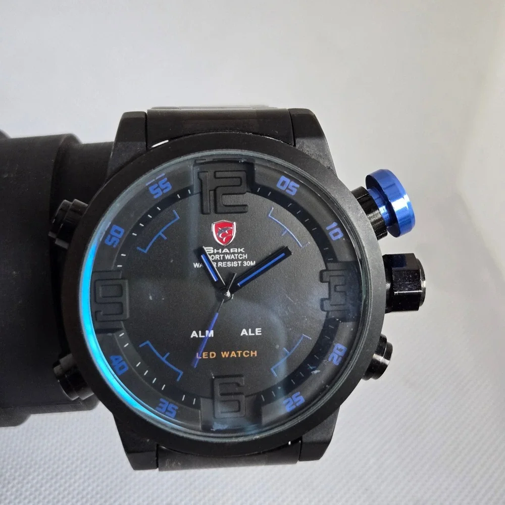 Shark Sport Watch Mens Black Dual Display Analog Digital Blue Crown 5.5in Tested